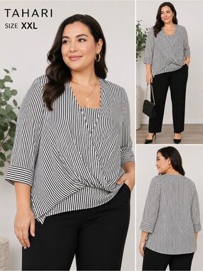 NWT Tahari Woman Striped Faux Wrap Blouse White Black XXL Career Office Top